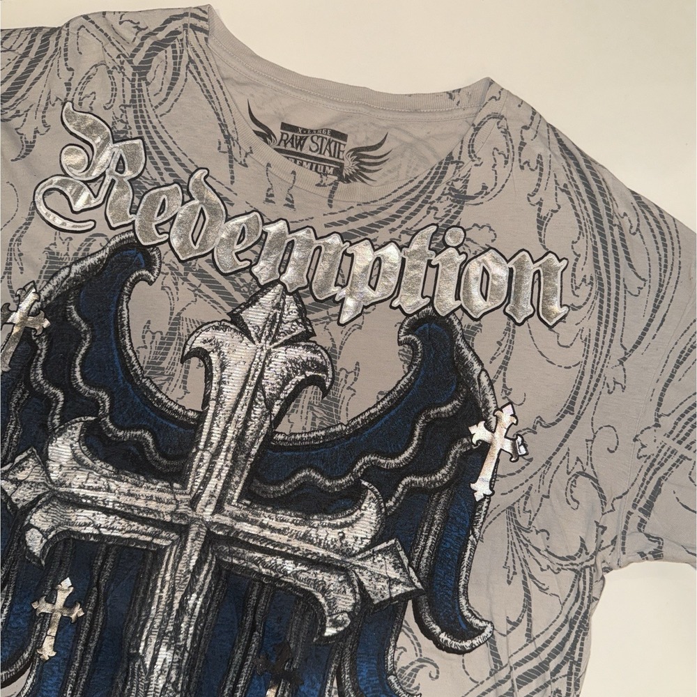 Raw State Premium Redemption T-Shirt Mens XL Gray Affliction Y2K Cross AOP
